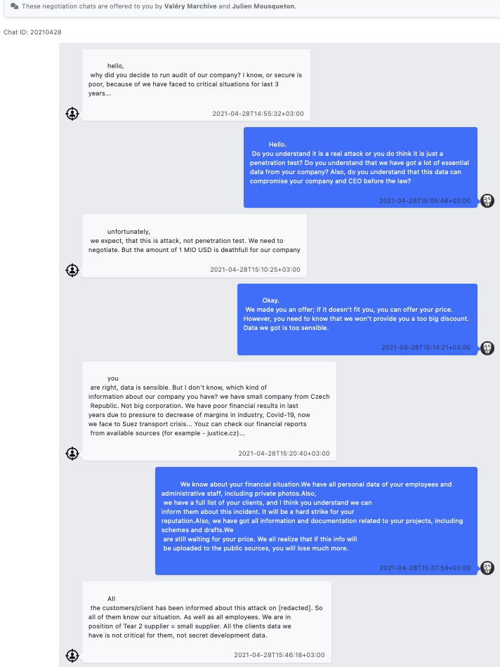 Screenshot of a real Babuk ransomware negotiation chat between a victim company and the threat actor, showing back-and-forth messages about payment demands and leverage